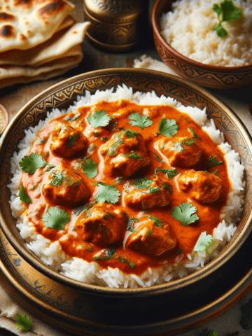 This image showcases the completed Butter Chicken dish, served in a traditional Indian serving bowl and garnished with cilantro. Accompanied by naan bread and basmati rice, the dish is presented on a rustic wooden table, enhancing its authentic appeal.