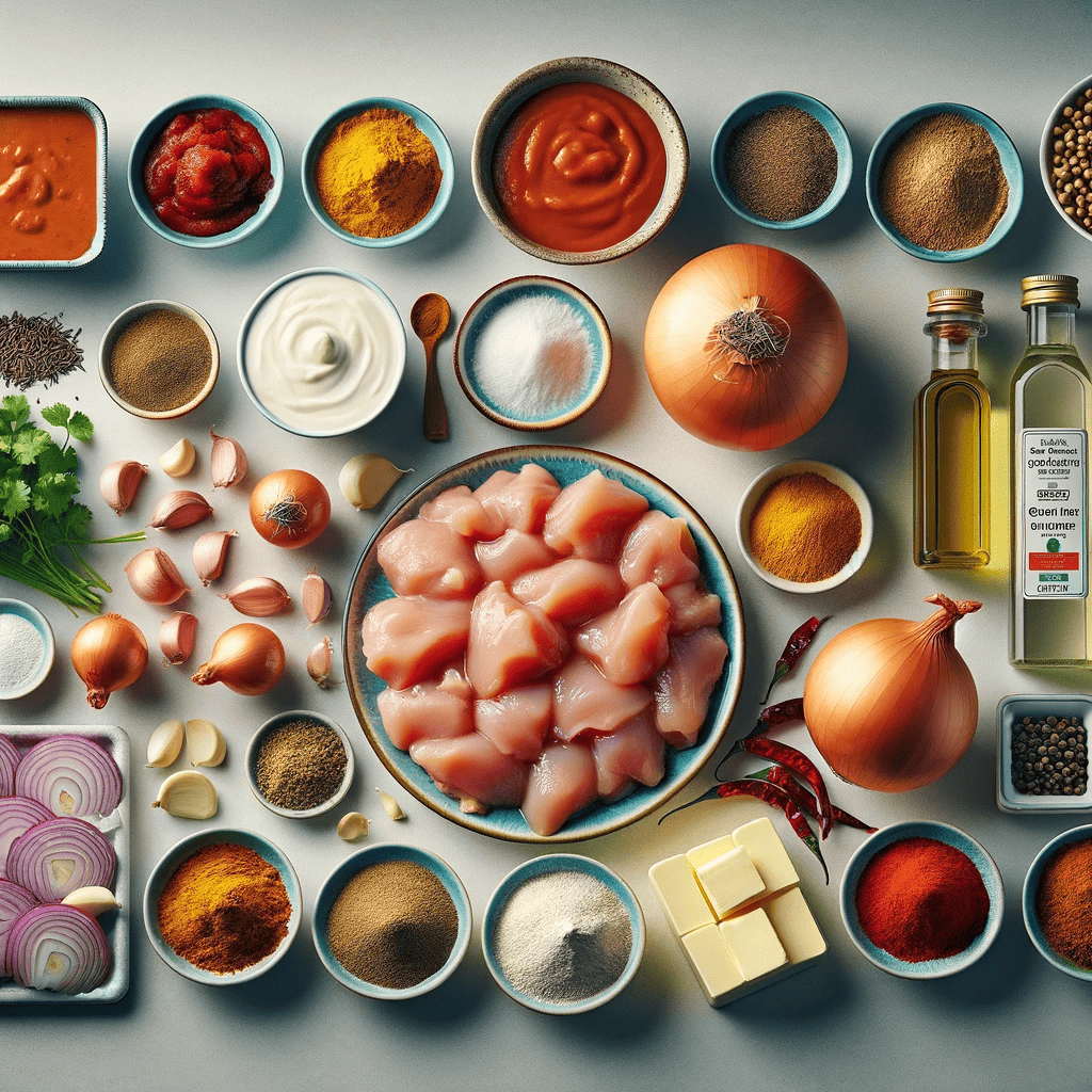This image displays all the ingredients required for the Butter Chicken recipe, neatly organized on a kitchen counter. Each ingredient is clearly visible and labeled, making it easy to identify. The layout is set against a clean, modern kitchen background.