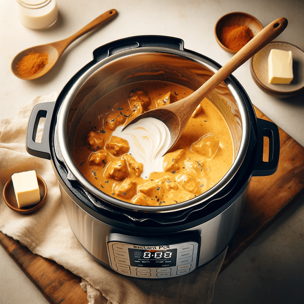 The open Instant Pot with creamy Butter Chicken, as heavy cream and butter are stirred in.