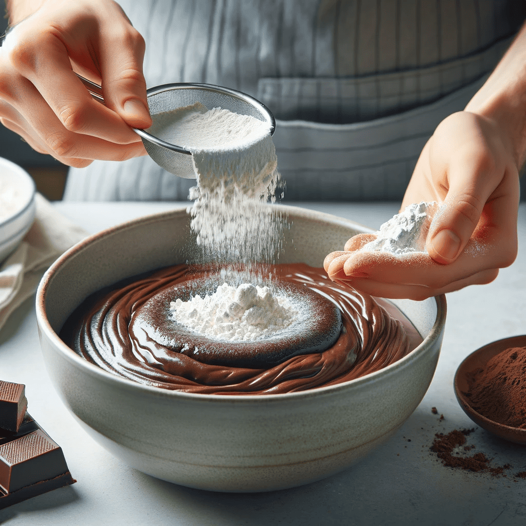 Flour and a pinch of salt being sifted into a bowl containing the wet mixture for the lava cake, gently folded with a spatula in a clean, well-lit kitchen.