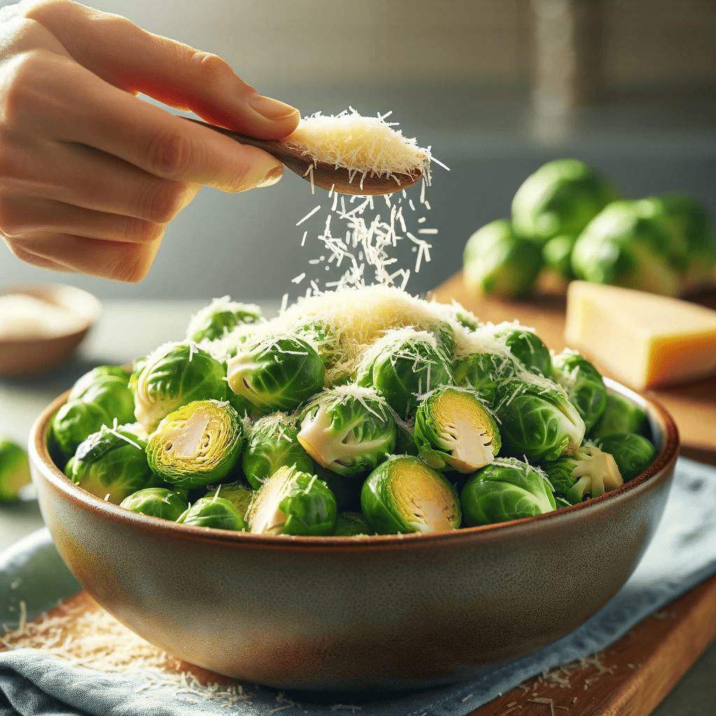 Seasoned Brussels sprouts in a large bowl being sprinkled with grated Parmesan cheese, mixed together with a spoon in a bright kitchen.