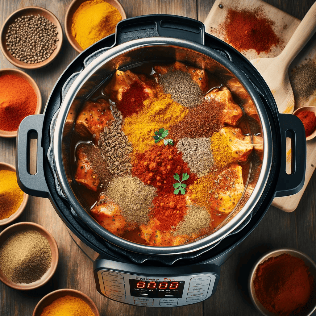Spices being added to chicken in the Instant Pot, creating a colorful blend.