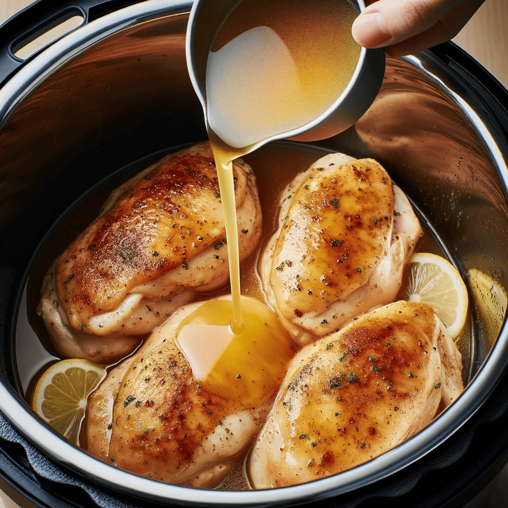 A more browned chicken breast in the Instant Pot with chicken broth and lemon juice being poured over it, showing a golden-brown crust on the chicken and the dynamic pouring action of the liquids.