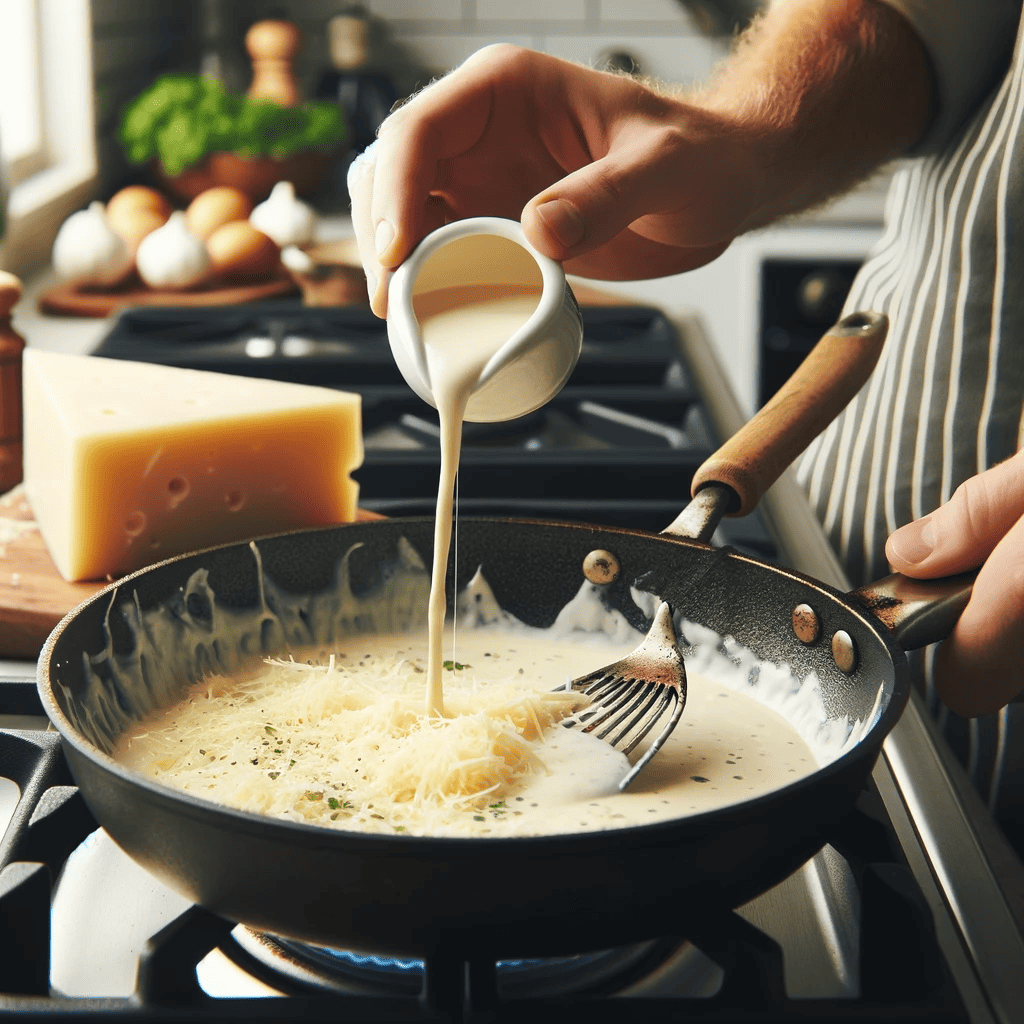 A skillet on a stove with a creamy sauce being prepared by stirring in heavy cream and Parmesan cheese, creating the Alfredo sauce for Chicken Alfredo Pasta