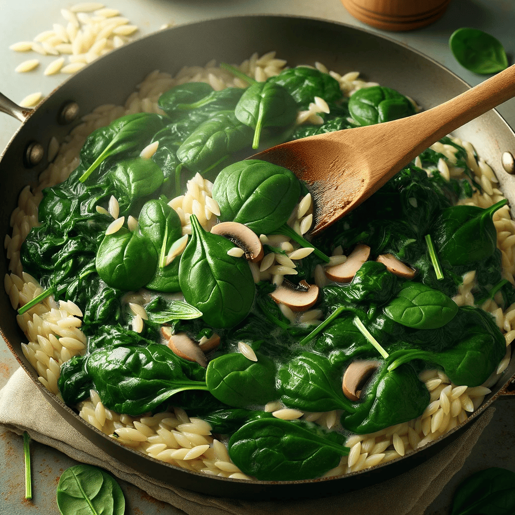 Fresh chopped spinach being stirred into the skillet with the simmering orzo mixture.