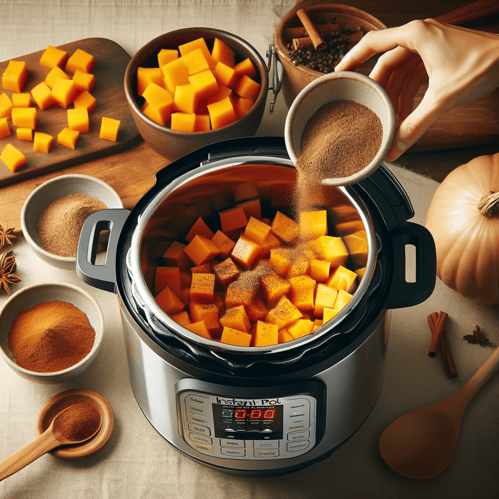 The image captures cubed butternut squash being added to the sautéed onions and garlic in the Instant Pot. Ground cinnamon and nutmeg are being sprinkled over the squash, with small bowls of these spices beside the pot. The warm, inviting kitchen setting emphasizes the addition of ingredients to the pot.