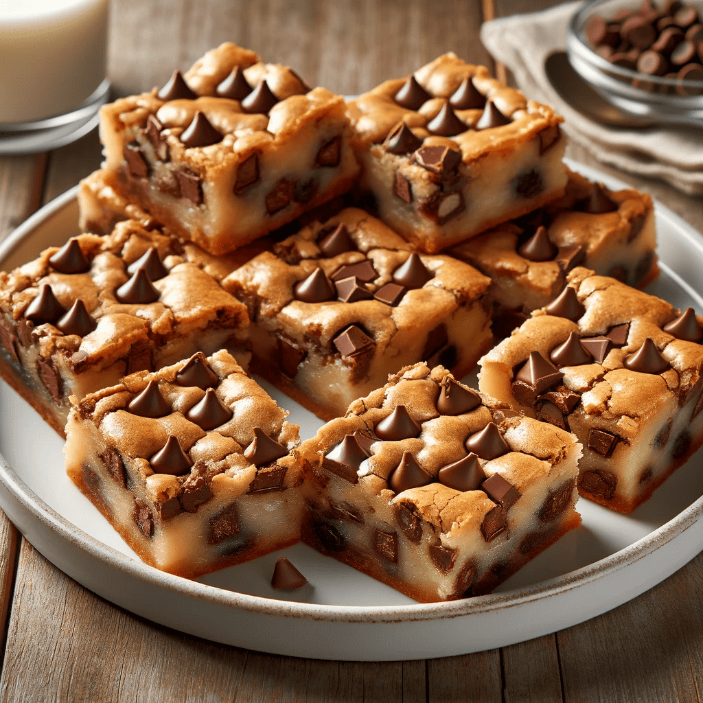 Golden-brown Air-Baked Chocolate Chip Wonder Bars cut into squares, displayed on a white plate, with visible chunks of melted chocolate chips. The bars have a crispy exterior and a gooey center. A rustic wooden table serves as the background, with a small glass of milk beside the plate.