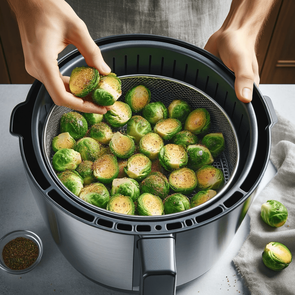 Seasoned Brussels sprouts placed in a single layer in an air fryer basket, ready for cooking in a modern kitchen.