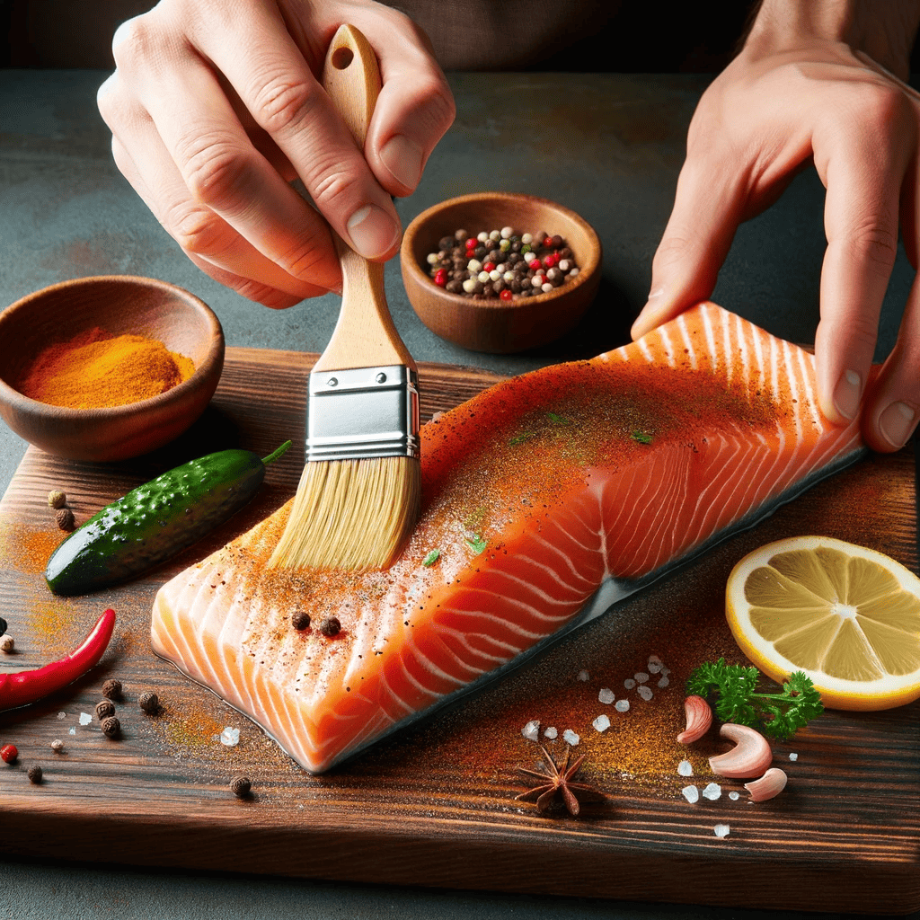 The image displays the process of brushing the spice mix onto the salmon fillets, preparing them for cooking.
