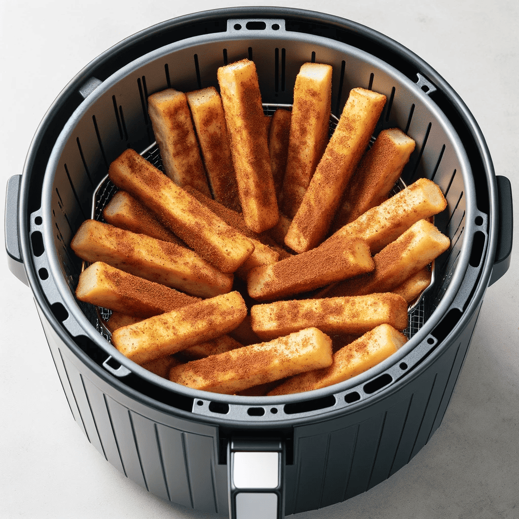 The airfryer basket lightly greased, with coated bread sticks placed in a single layer with space between them.