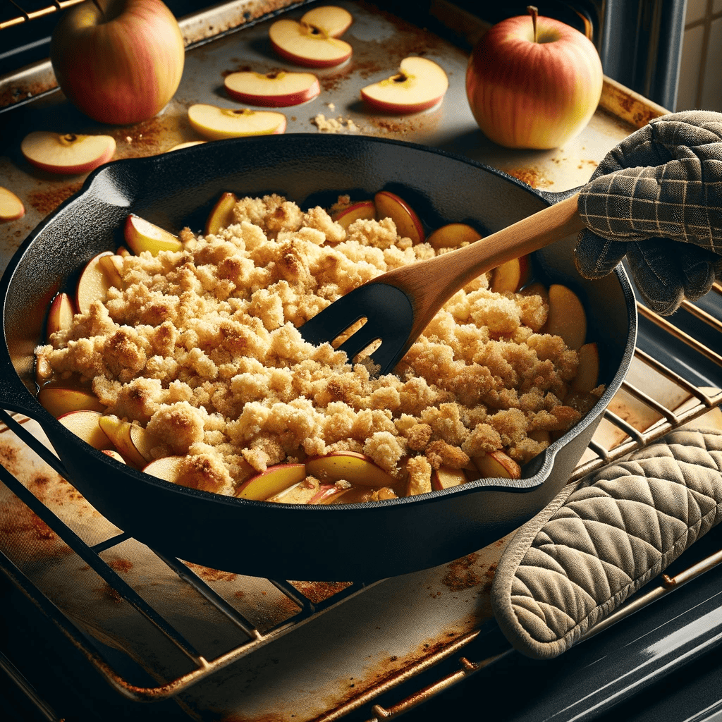 A cast-iron skillet with cooked apple mixture and crisp topping, being placed into an oven, ready for baking until golden brown.