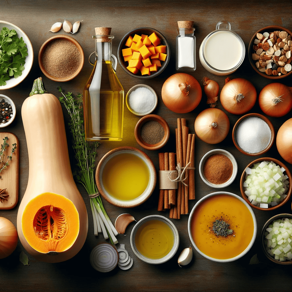 This image shows all the ingredients needed for the soup, neatly arranged on a wooden kitchen countertop. It includes a whole butternut squash (peeled and cubed), olive oil, diced onion, minced garlic, vegetable broth, ground cinnamon, ground nutmeg, a bowl of salt and pepper, heavy cream, and fresh herbs like thyme or sage.