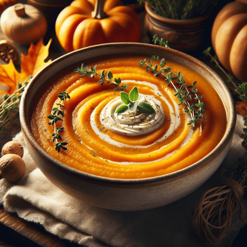 This image displays the Autumn Harvest Butternut Squash Soup in a rustic bowl. The soup has a creamy orange color and is garnished with fresh herbs like thyme or sage, and there's a swirl of cream in the center. It's presented on a wooden table with an autumn-themed backdrop, creating a cozy and inviting atmosphere.