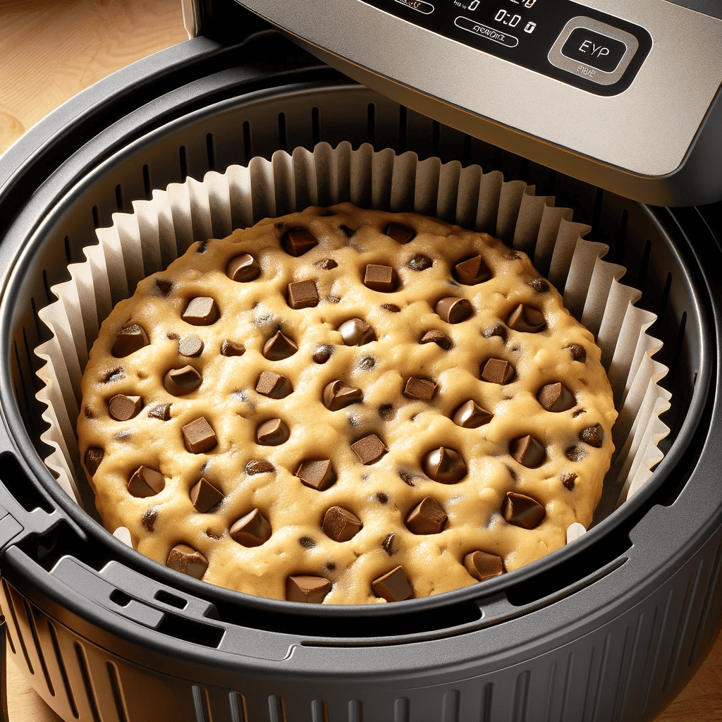 Here is the image showing a layer of uncut cookie dough evenly spread out inside the basket of an air fryer, in the process of baking.