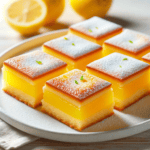 The image depicts the freshly baked lemon square dessert, cut into neat squares on a white plate, dusted with powdered sugar. The dessert showcases a golden brown crust and a bright yellow, smooth lemon filling, set on a wooden table with a light background.