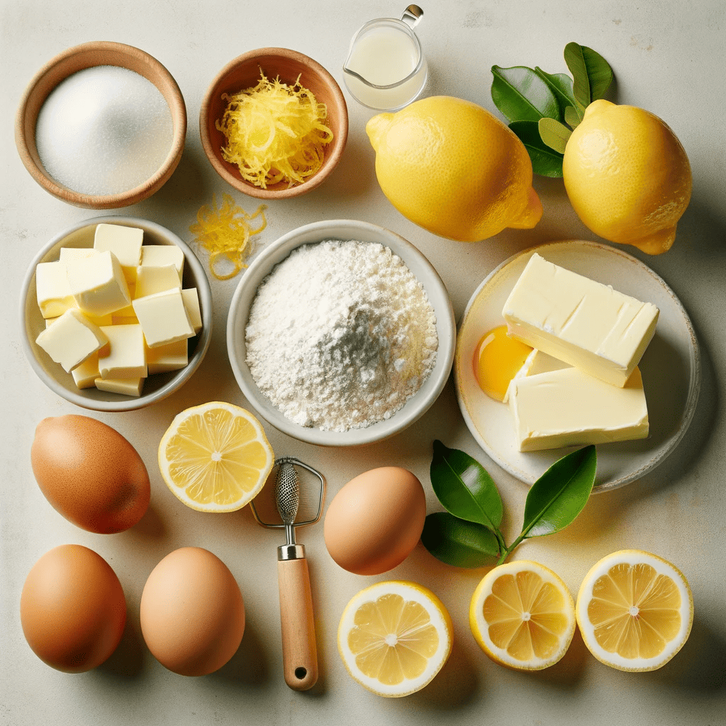 This image displays the ingredients for the lemon square dessert laid out on a kitchen counter. It includes all-purpose flour, granulated sugar, unsalted butter, eggs, fresh lemons, and a lemon zester, all neatly arranged on a light-colored countertop.