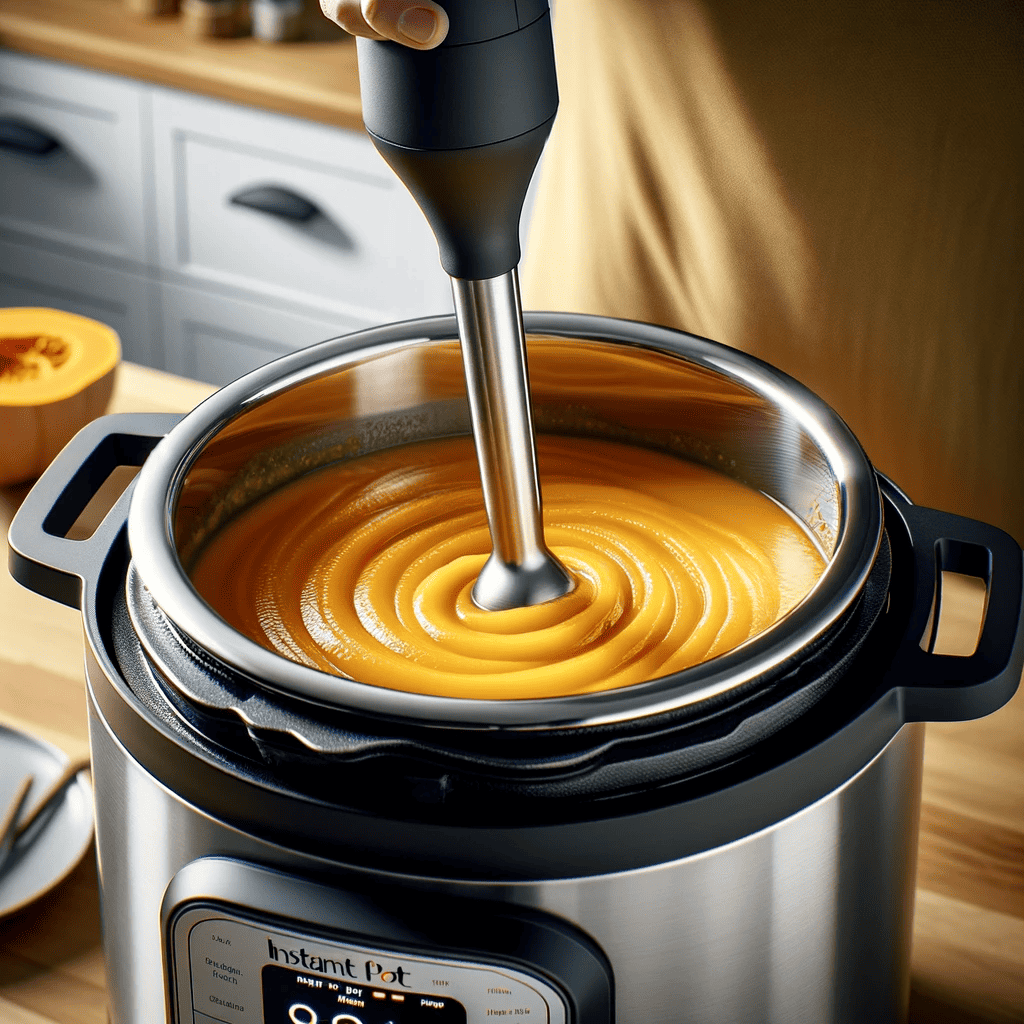 The image depicts an immersion blender being used to puree the butternut squash soup directly in the Instant Pot. The vibrant orange soup is visible, with a swirl pattern created by the blender. The modern kitchen background highlights the blending process, transforming the ingredients into a creamy soup.