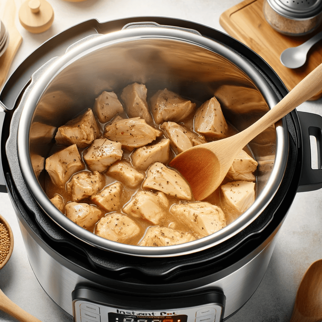 The Instant Pot open with partially cooked, golden chicken pieces being stirred.
