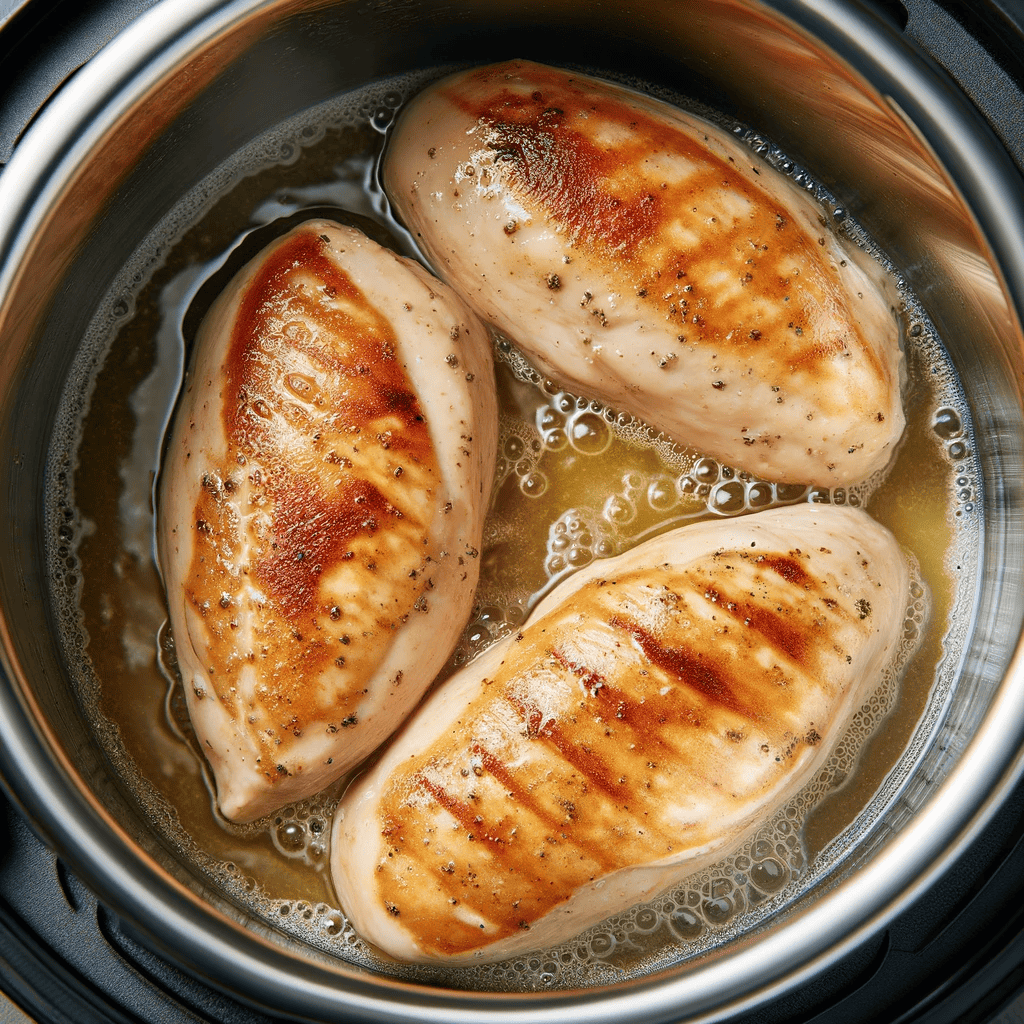 Chicken breasts being browned in the Instant Pot, showing one side golden-brown and the other side facing up, with the chicken sizzling, capturing the browning process.