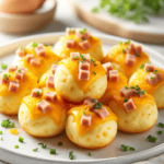 This image shows the freshly made Cheesy Ham Delight Egg Bites. They are golden and fluffy, filled with melted cheddar cheese and finely diced ham, and garnished with fresh herbs.