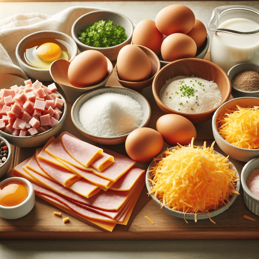 This image displays all the ingredients for the Cheesy Ham Delight Egg Bites recipe neatly laid out on a kitchen counter, including eggs, milk, shredded cheddar cheese, diced ham, and optional herbs.