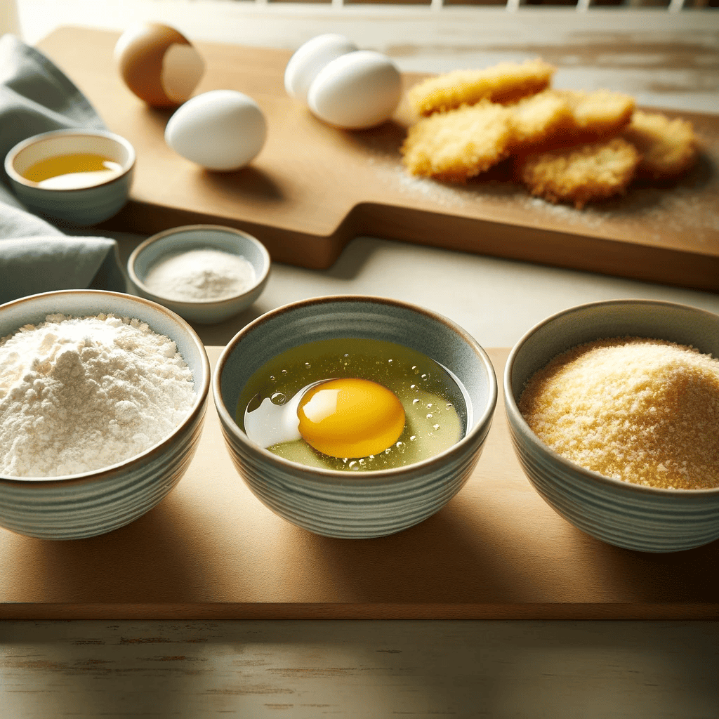 Here's the image of a breading station set up with three bowls – one for flour, one for beaten eggs, and one for panko breadcrumbs.