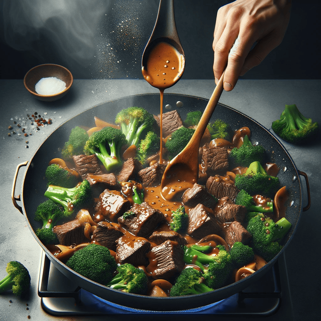 Portraying the final step, this image shows the skillet on the stove with cooked beef and broccoli being added back into the skillet with the thickened sauce. The ingredients are tossed together, seasoned with salt and pepper, embodying the harmony of flavors and textures in the final dish.