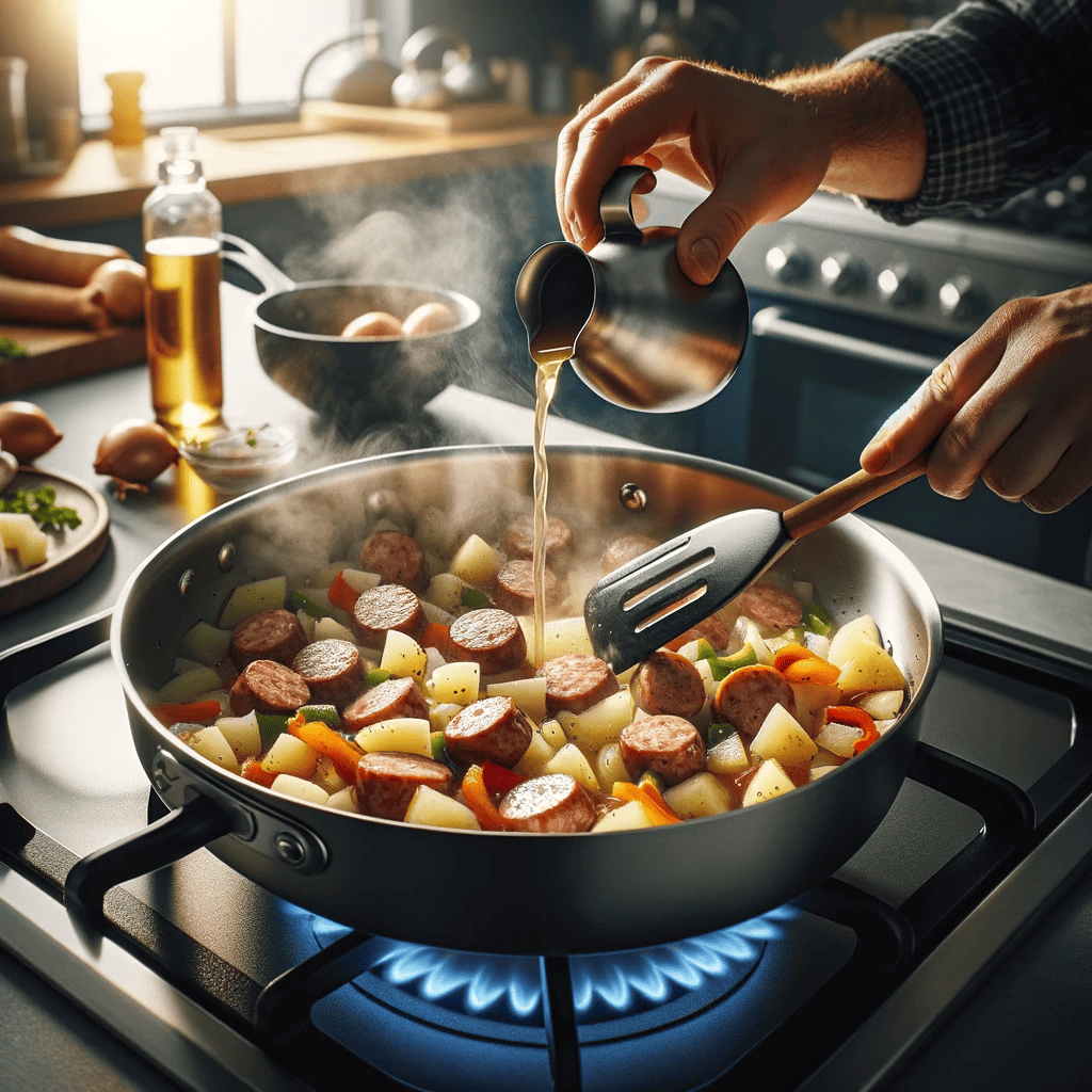 Combining and simmering sausage, potatoes, and vegetables in a skillet for Rustic Sausage-Potato Skillet Feast.