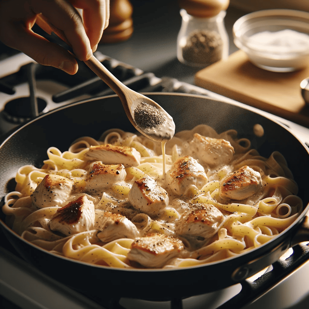 A skillet on a stove with Chicken Alfredo Pasta being finalized, showing cooked chicken mixed with creamy Alfredo sauce, seasoned with salt and pepper.