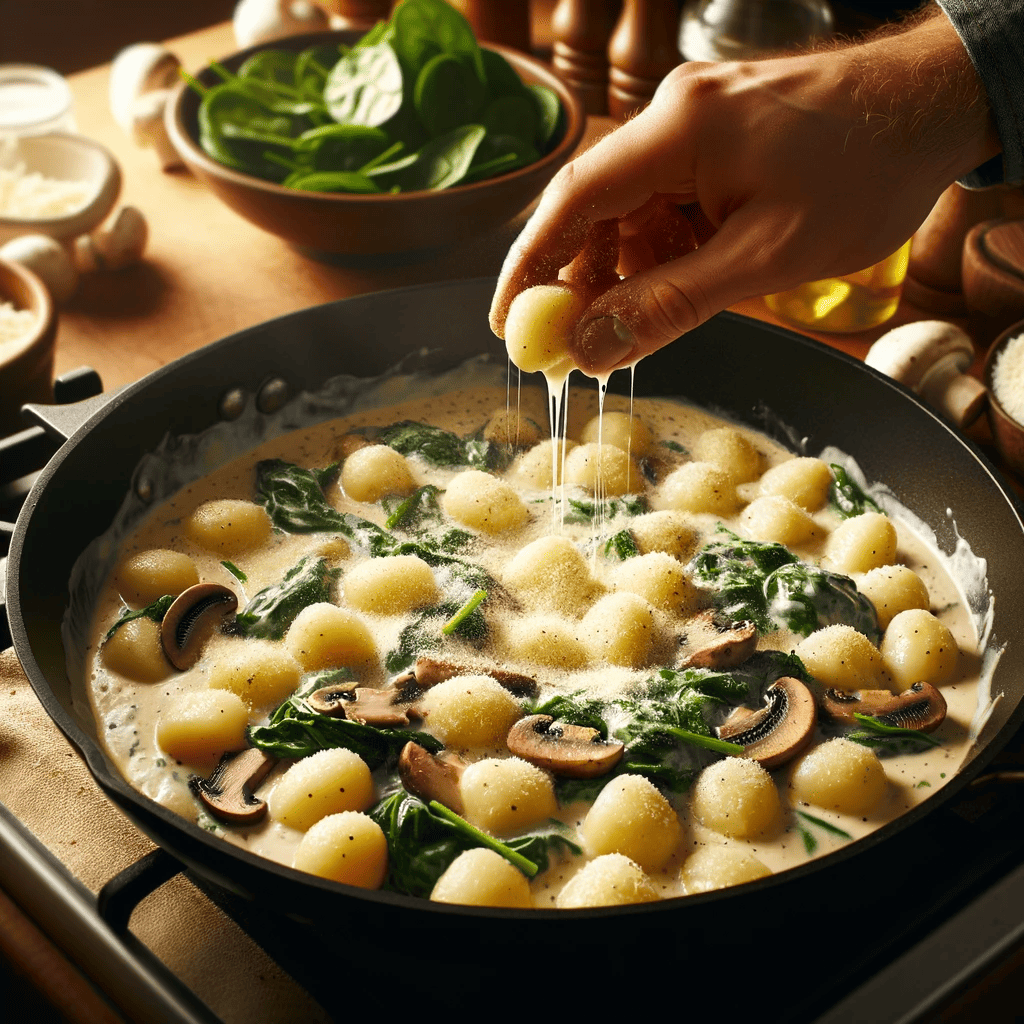 The cooked gnocchi being added back to the skillet with the creamy sauce, illustrating the step where the gnocchi is mixed with the sauce to coat it evenly.