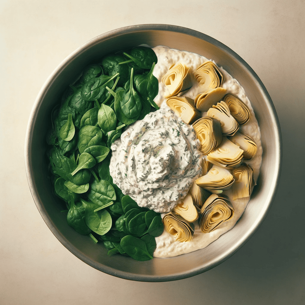 Shows chopped spinach and artichoke hearts being folded into the creamy base. (Alt text: Chopped spinach and artichoke hearts being folded into the creamy base in a large bowl.)