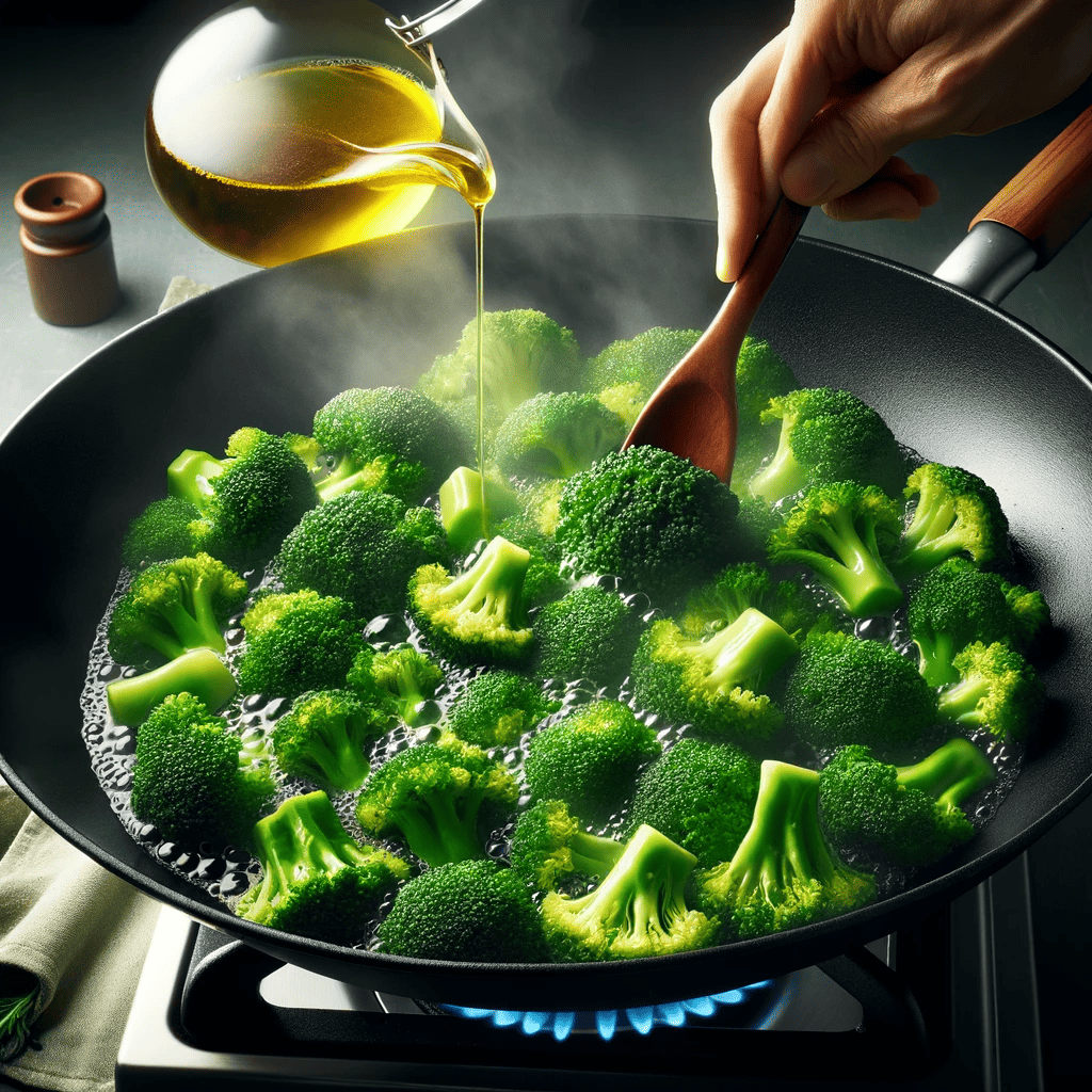 The image illustrates the cooking of broccoli in a large skillet or wok. Bright green broccoli florets are added to the skillet with a splash of water, capturing the broccoli being cooked until tender, with steam rising to symbolize freshness.