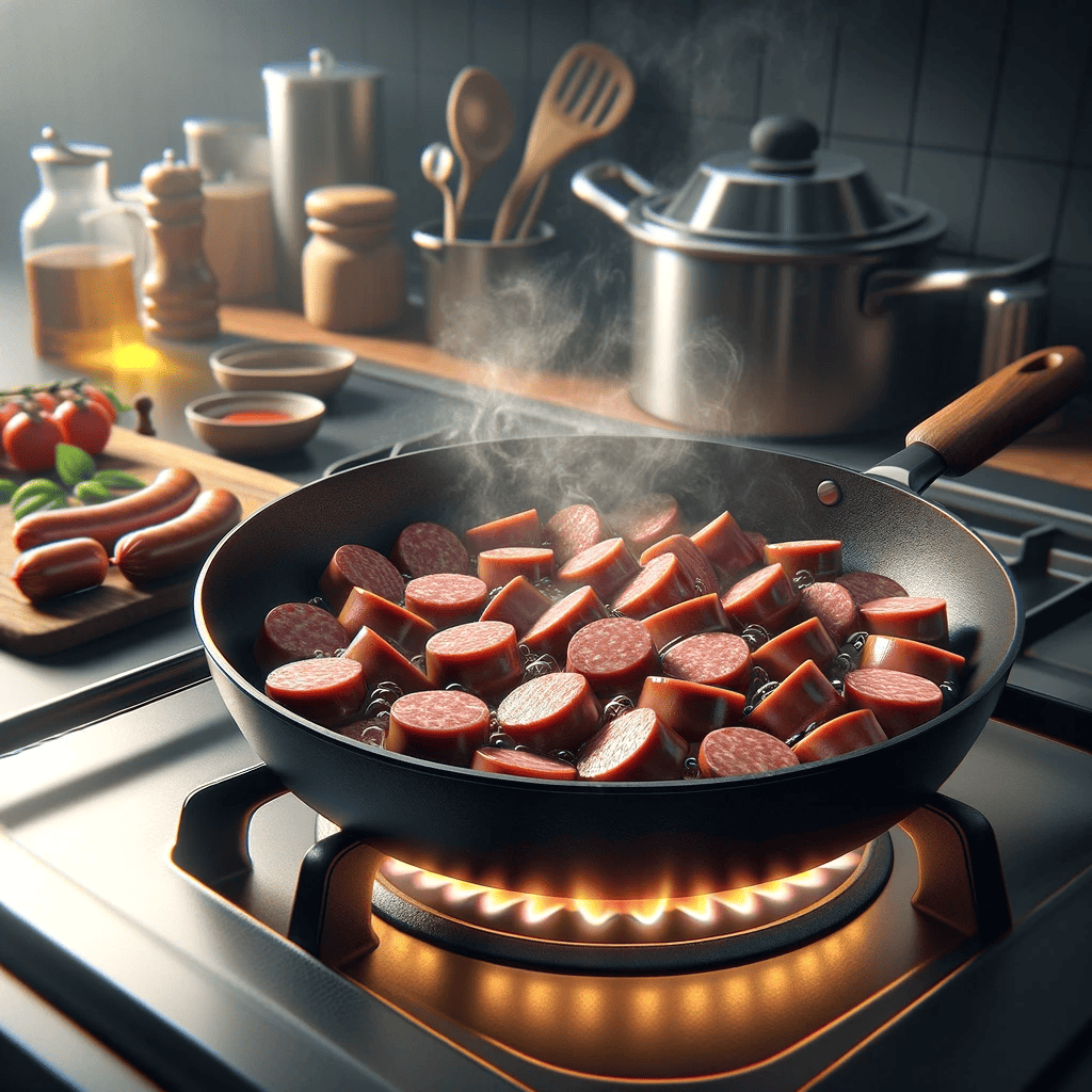 Sliced smoked sausage being browned in a skillet for Rustic Sausage-Potato Skillet Feast