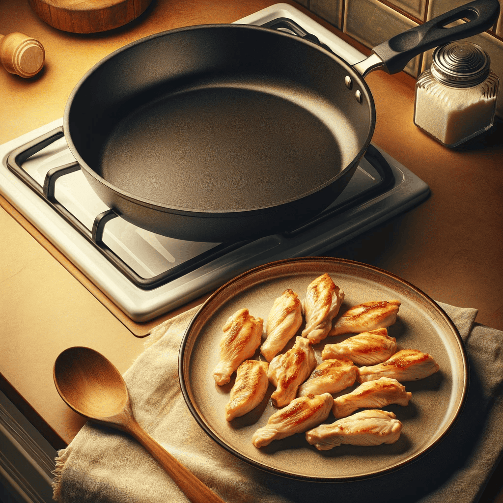 An empty skillet on a stove beside a plate holding only cooked chicken pieces. The image captures the step where the cooked chicken is removed from the skillet and set aside in the Chicken Alfredo Pasta recipe. The focus is on the empty skillet and the plate with the cooked chicken, set in a warm kitchen background.