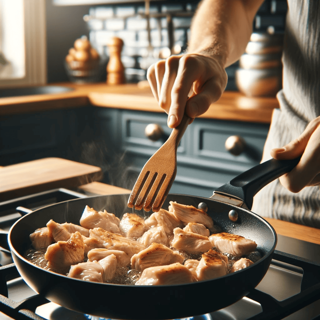 A skillet on a stove with pieces of chicken being cooked until they are no longer pink, focusing on the process of cooking chicken for Chicken Alfredo Pasta.