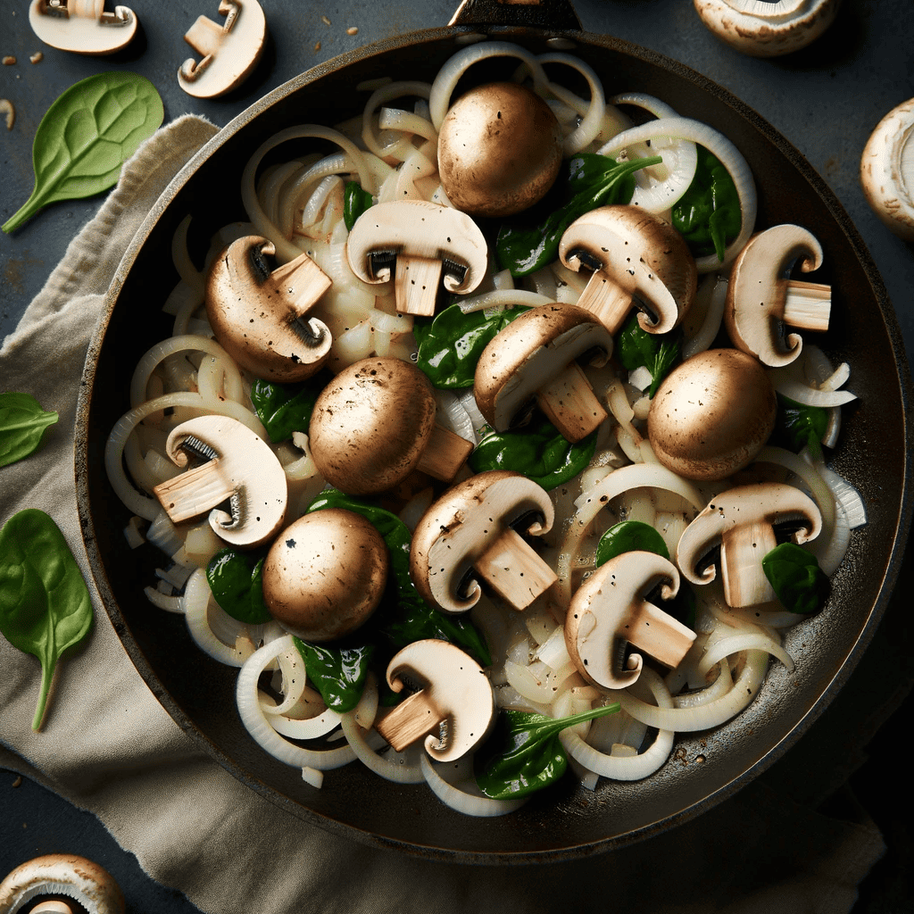 Sliced mushrooms being cooked in a skillet with previously sautéed onions and garlic.