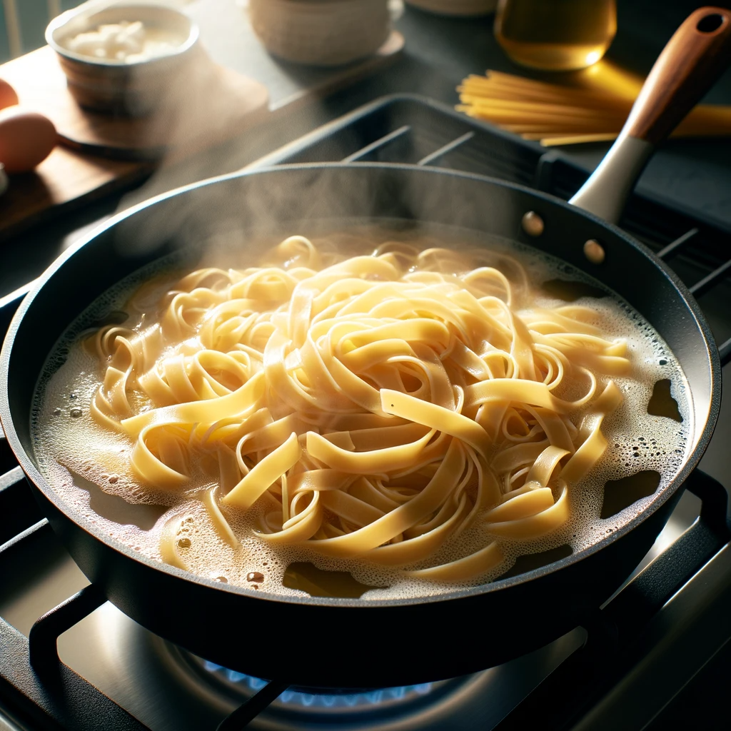 A skillet on a stove with chicken broth and fettuccine pasta being cooked, focusing on the pasta absorbing the liquid for Chicken Alfredo Pasta.