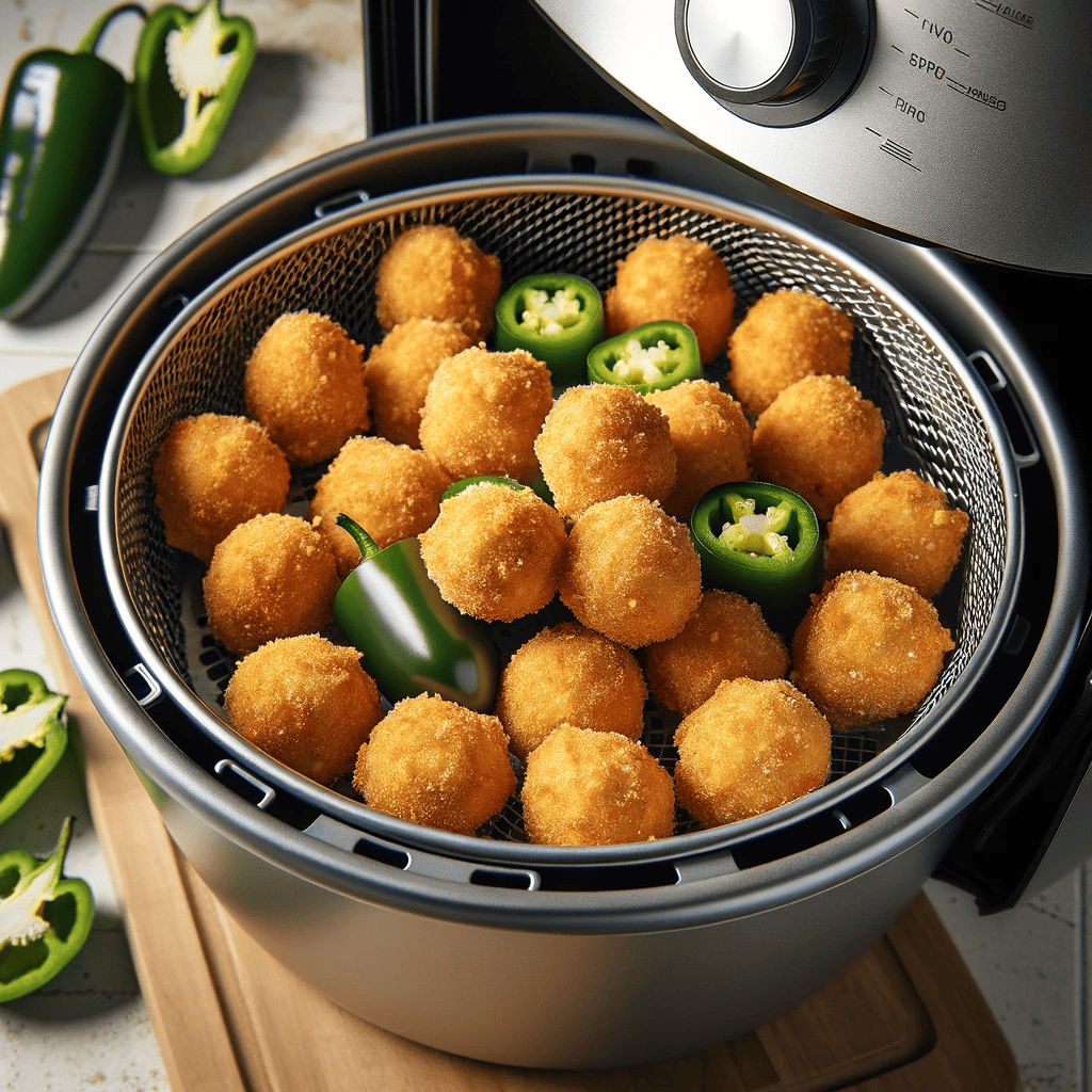 This image shows the jalapeño poppers inside a digital air fryer during the cooking process, visible through a transparent window, turning golden brown and crisp