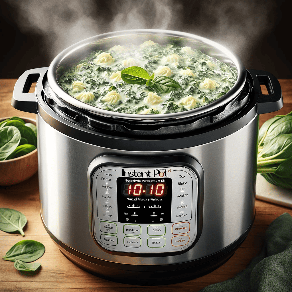 Displays the mixture inside the Instant Pot, set to cook. (Alt text: The mixture inside the Instant Pot, lid closed, set to manual high pressure.)