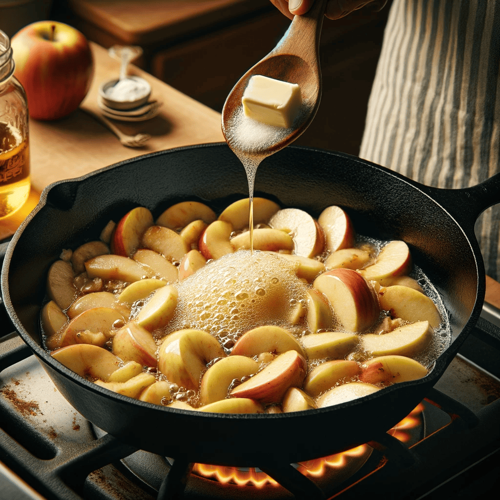 A cast-iron skillet on a stove with butter melting, containing the apple mixture being cooked and stirred, with cornstarch and vanilla being added.