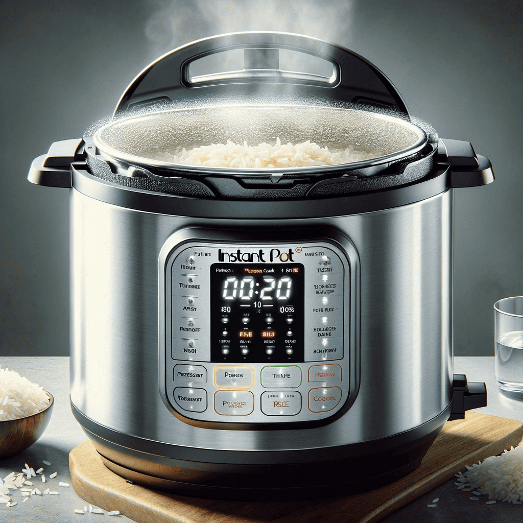 The image illustrates an open Instant Pot with sticky rice and water, set to 'Pressure Cook' for 10 minutes, steam rising, on a kitchen counter.