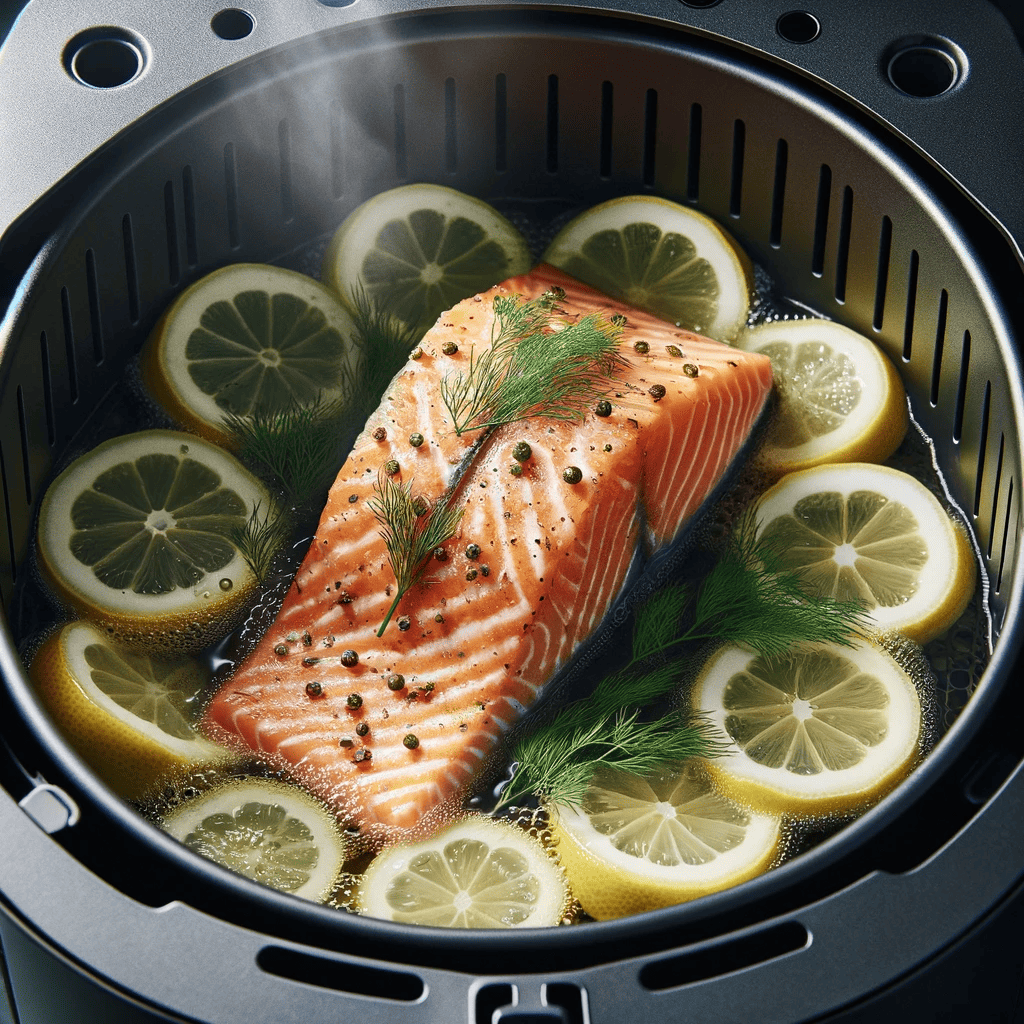 The final image captures the salmon fillet cooking in the air fryer, giving a glimpse of the delicious meal in progress.