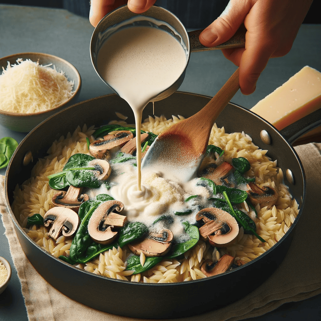 Heavy cream and Parmesan cheese being added to the skillet, blending with the orzo, mushrooms, and spinach.