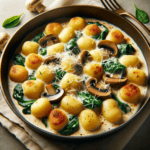 It features golden, crispy gnocchi in a creamy sauce with sautéed mushrooms and wilted spinach, beautifully garnished with grated Parmesan cheese and chopped parsley.