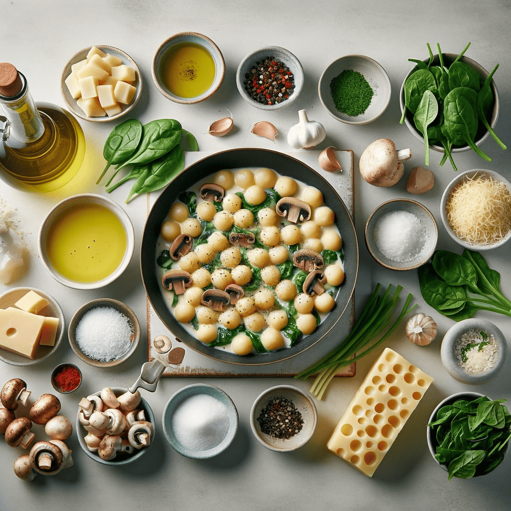 It includes olive oil, minced garlic, sliced mushrooms, fresh spinach, gnocchi, chicken broth, heavy cream, grated Parmesan cheese, salt, pepper, red pepper flakes, and fresh parsley, all neatly arranged on a kitchen countertop.