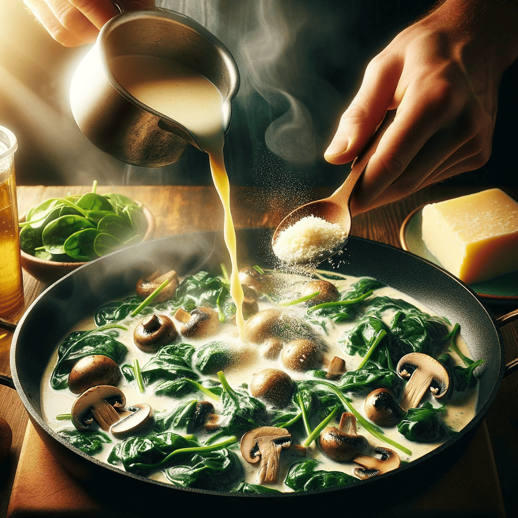 Chicken or vegetable broth and heavy cream being poured into the skillet, with the addition of grated Parmesan cheese, showcasing the process of making the creamy sauce for the gnocchi.