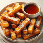 A plate of golden brown and crispy bread sticks, sprinkled with powdered sugar and accompanied by a small bowl of maple syrup for dipping.