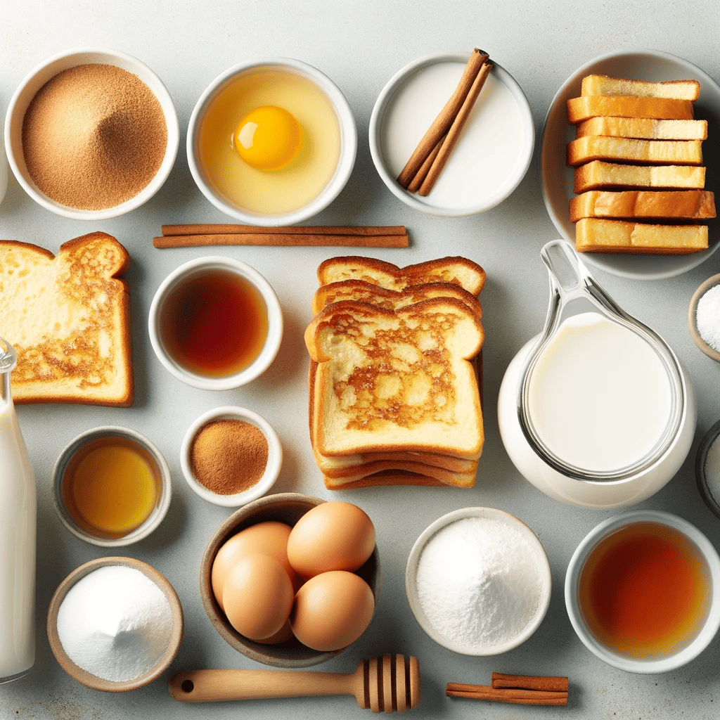 Sliced bread, eggs, milk, vanilla extract, ground cinnamon, powdered sugar, and maple syrup, each ingredient neatly arranged on a kitchen counter.