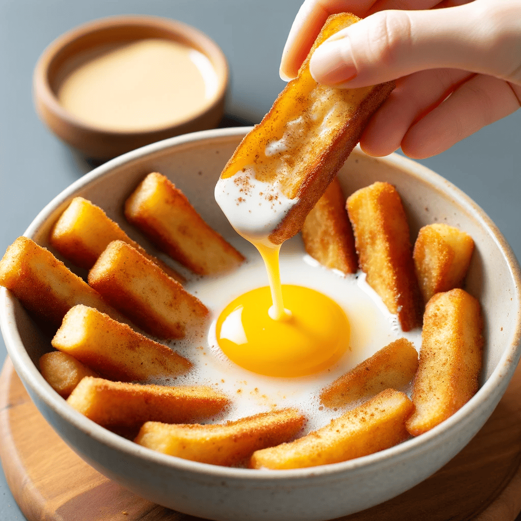 A hand holding a bread stick, partially dipped into the egg mixture in a shallow bowl, with the mixture coating the bread stick evenly.