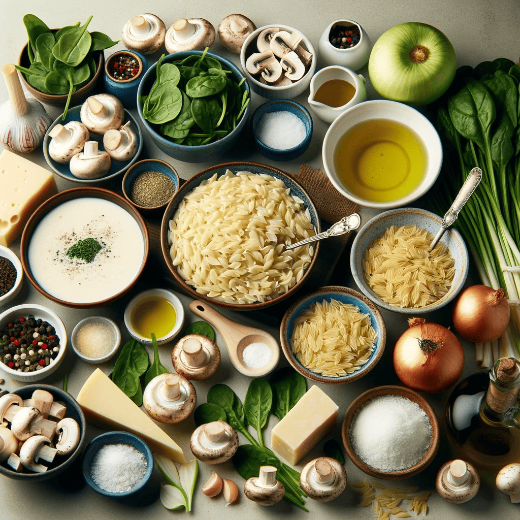 Ingredients arranged on a counter for 'Easy Creamy Orzo Delight: Mushroom & Spinach Fusion', including orzo, olive oil, vegetables, and seasonings.